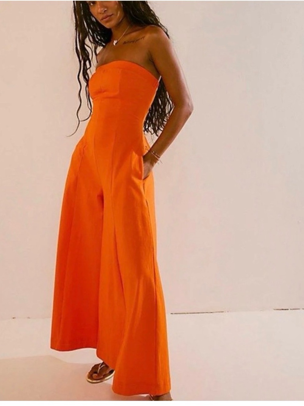 Free People Strapless Boot‑Cut Jumpsuit in Bright Orange